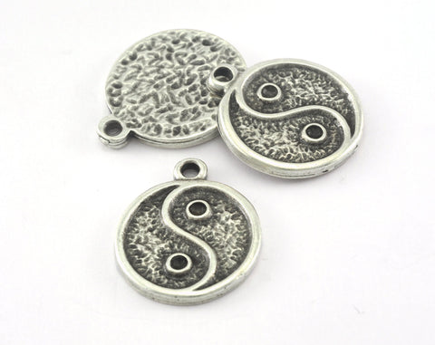 Ying-Yang Circle Textured 25mm antique silver plated alloy pendant charms  2673