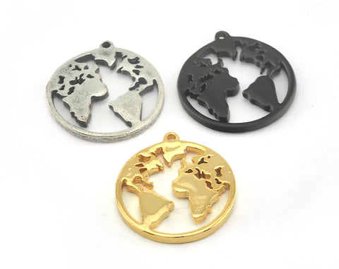 World pendant 21mm (Antique Silver, Black Painted, Shiny Gold Plated) Globe Pendant, Earth Pendant, small continents, map charms oz3593
