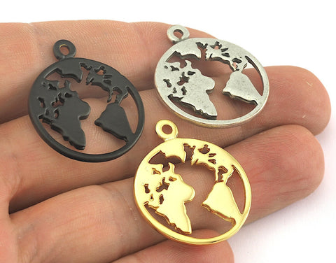 World pendant 29mm (Antique Silver, Black Painted, Shiny Gold Plated) Globe Pendant, Earth Pendant, small continents, map charms oz3594