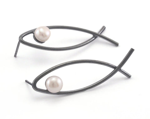 Fish shape Earring Stud with pearl eye, Black oxidized 925k sterling silver Posts, 41x11mm  2055