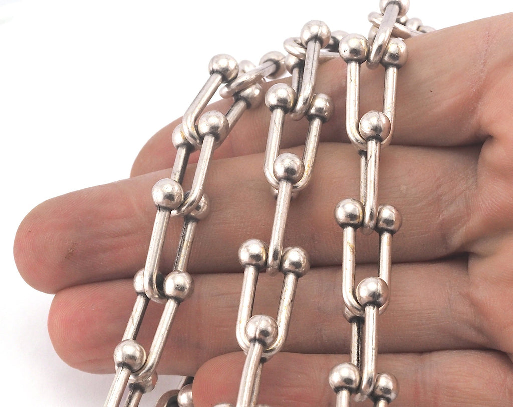 Bended Barbell Link Chain Antique Silver Plated Alloy SelfClasp 11.5x20mm OZ1303