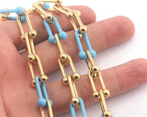 Oval Link Chain Blue Painted Gold Plated Alloy 20x11mm OZ1384