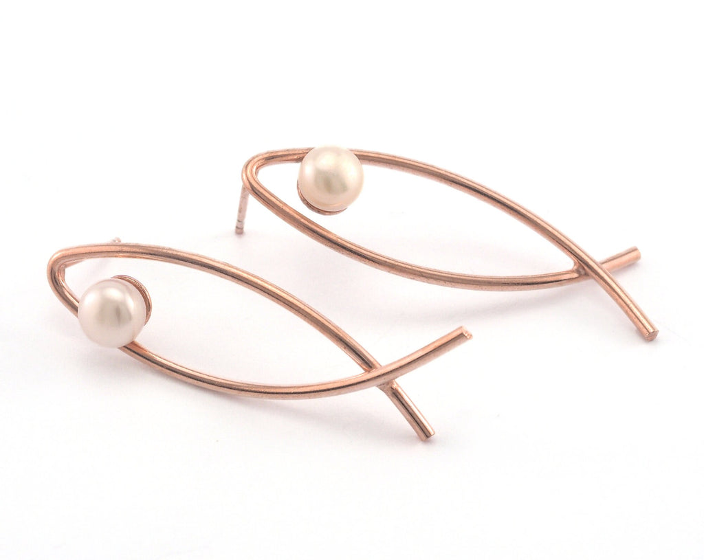 Fish shape Earring Stud with pearl eye, Rose gold plated  925k sterling silver Posts, 41x11mm  2055