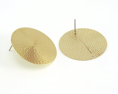 Round Earring Stud,  With Hole Raw brass Round Earring Posts, textured 34mm  3897