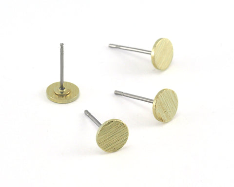 Brushed Round Earring Stud, With Hole Raw brass Round Earring Posts, textured 6mm  3899
