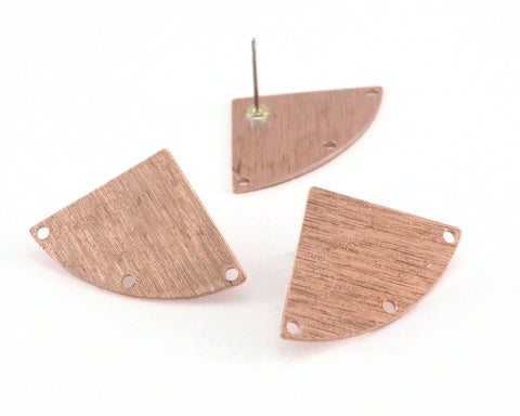 Brushed Earring Stud Posts 3 Holes Quarter Circle Shape Raw Copper 19x29mm 3975