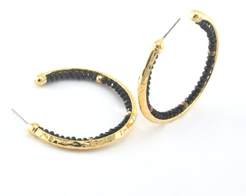 Hoop Earrings Stud post with black beads  1 pair 50mm Gold plated brass  2434