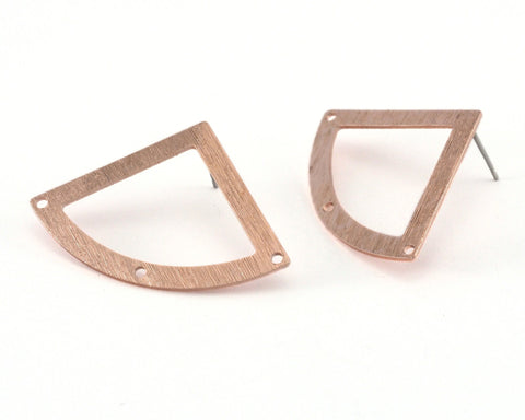 Brushed Earring Stud Posts 3 Holes Quarter Circle Shape raw copper 27x39mm 3974