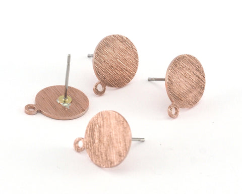 Brushed Earring Stud Posts 1 loop Circle Raw Copper 15x12mm 3980
