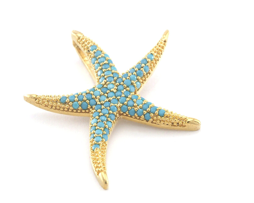 Micro Pave Starfish star pendant one loop Gold plated Brass blue rhinestone crystals 2142