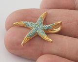 Micro Pave Starfish star pendant one loop Gold plated Brass blue rhinestone crystals 2142