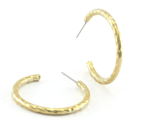 Hoop round hammered earrings stud base raw brass round earring posts, 35mm OZ4214