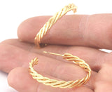 Hoop flat twisted swirl Earrings stud base Shiny Gold tone lacquer plated brass round earring posts, 35mm OZ4224