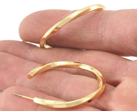 Hoop twisted swirl round bar Earrings stud base Shiny gold tone brass round earring posts, 35mm OZ4222