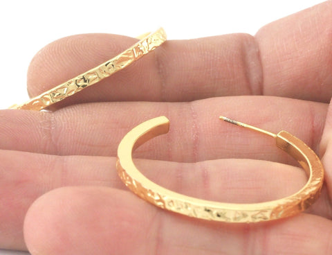 Hoop angular branch branches earrings stud base Shiny gold tone brass round earring posts, 35mm OZ4227