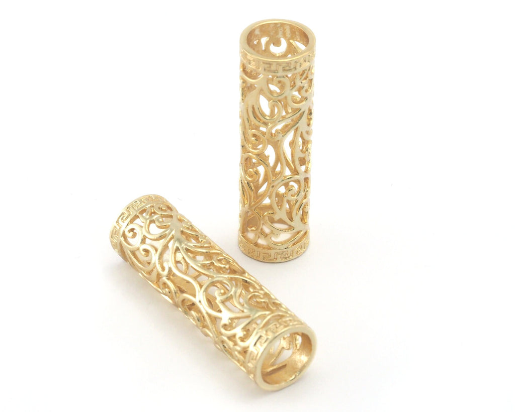 Tube filigree Shiny Gold Plated brass Charms findings 41x12mm (hole 9,5mm ) ,Pendant spacer bead OZO29