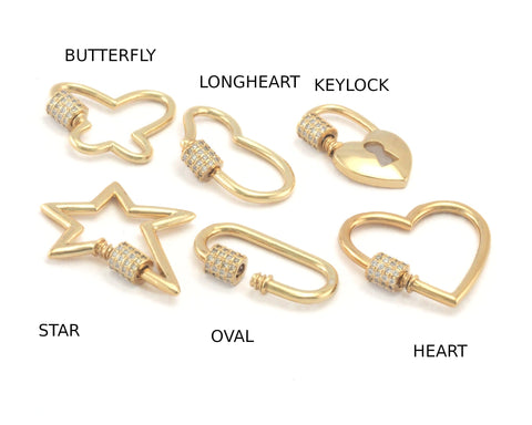 Carabiner clasp Screw Clasp Pendant Heart, Star, Long Heart, Oval, Butterfly, Key Lock ,Shiny Gold Plated Brass  4203