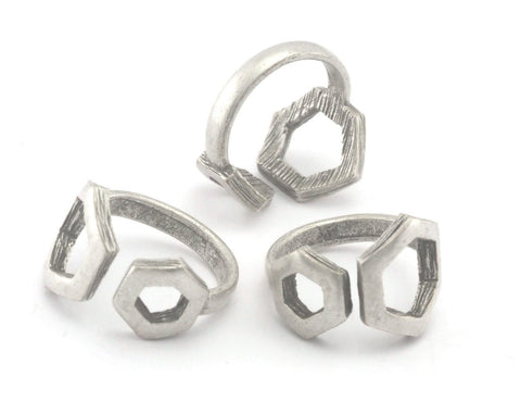 Hexagonal Frames Adjustable Ring Antique silver plated brass (6US - 8US inner size) 4349