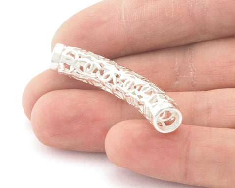 1 pc 9x48mm (hole 6mm ) Shiny Silver Plated Brass Curved Tube Filigree Brass Charms,Pendant,Findings spacer bead O29