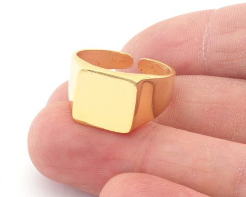 Signet Ring  Adjustable Blank - Shiny Gold Plated brass (20mm 10.5US inner size - Adjustable ) OZ2979 13x13mm square