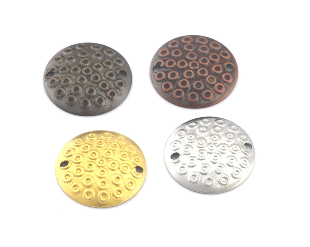 Dome 16mm brass cambered circle tag 2 hole,connector, textured charms ,findings 142-90
