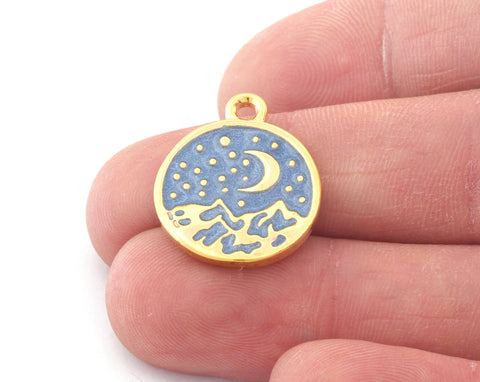 Landscape Sky Mountain Crescent Moon Blue Enamel Charms Pendant Gold Plated Charms 23x19mm 4811
