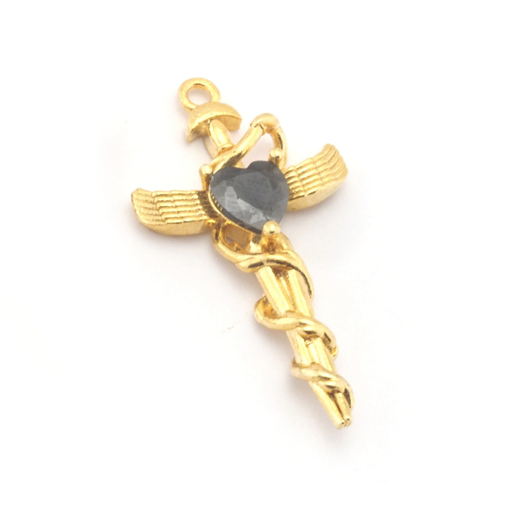 Heart, Angel Wing Sword Pendant  With Loop Gold Plated Brass With Crystal 3784