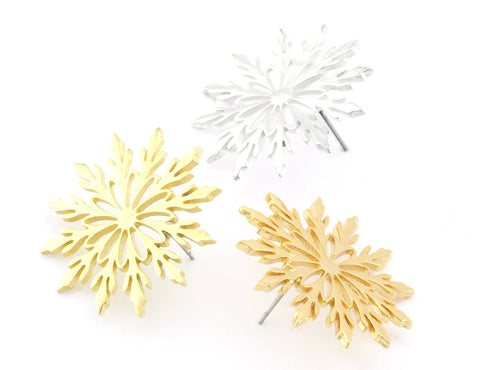 Snow Flake Round Winter Earring Stud Post Raw (Solid Brass), Shiny silver plated , Shiny gold plated 30mm Earring Blanks 4840
