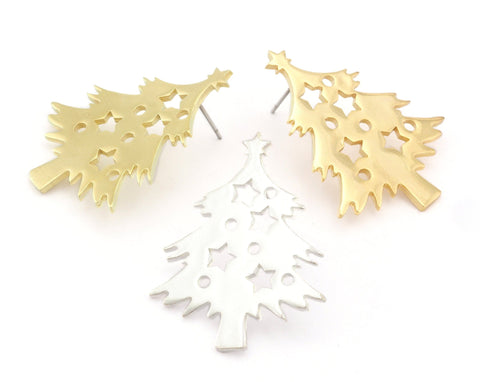 Decorated Tree Winter Earring Stud Post Raw (Solid Brass) , Shiny Silver Plated, Shiny Gold Plated  37x28mm Earring Blanks 4831