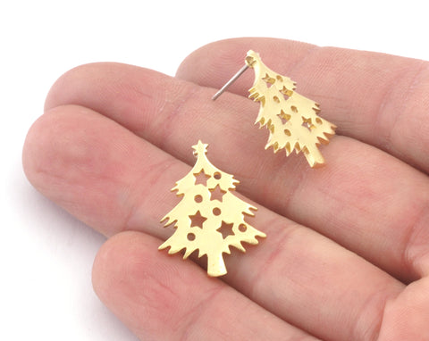 Decorated Tree Winter Earring Stud Post Raw Brass 23x18mm Earring Blanks 4869