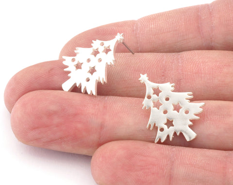 Decorated Pine Tree Winter Earring Stud Post Shiny Silver Plated Brass 23x18mm Earring Blanks 4869
