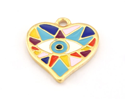 Enamel Heart Eye Pendant Gold Plated Brass 26x24mm findings 1429