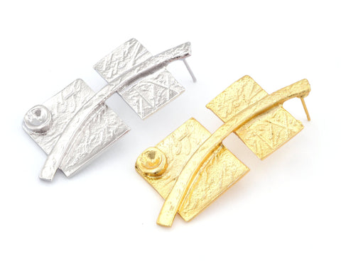 Pair Nature Branch Earring Post Gold Tone, Shiny silver tone 53x23mm (5mm blank) s256
