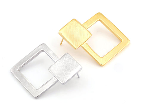 Pair Square Gold Silver Earring Post Gold Tone, Shiny silver tone 33x33mm s257