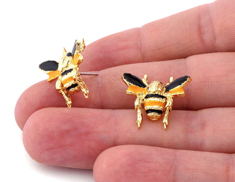 Honey bee wing fly earring stud posts  earring wire base 20x19 Enamel filled shiny gold plated brass OZ4037