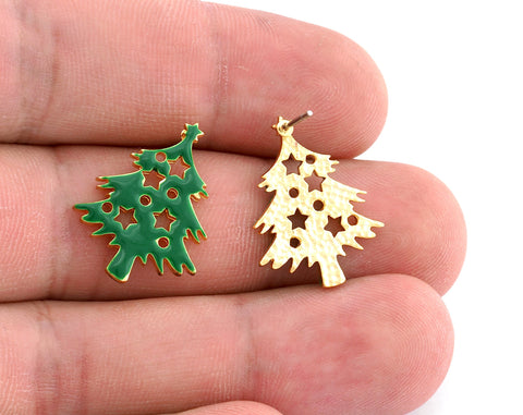 Decorated Pine Tree Winter Earring Stud Post Enamel Filled - Shiny Gold Plated Brass 23x18mm Earring Blanks 4869