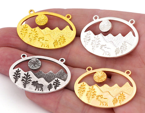 Landscape Deer Tree Forest Charms Connector Mountain Pendant Raw Brass - Antique Silver - Shiny silver - Shiny Gold Plated 36x25mm 5014