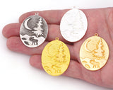Pine Crescent Deer Landscape Tree Moon Charms Pendant Raw Brass - Antique Silver - Shiny Silver - Shiny Gold Plated 41x30mm 5016