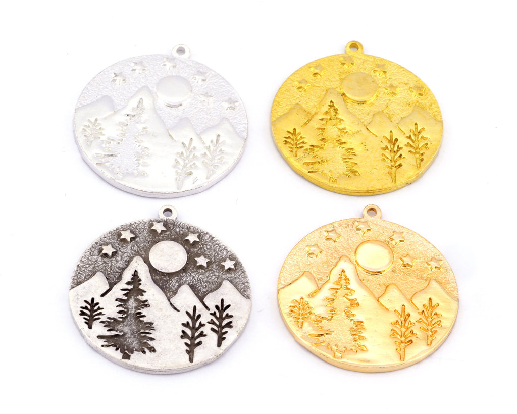 Pine Forest Moon Sun Landscape Tree Charms Pendant Raw Brass - Antique Silver - Shiny Silver - Shiny Gold Plated 34x30mm 5017