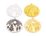 Pine Forest Moon Sun Landscape Tree Charms Pendant Raw Brass - Antique Silver - Shiny Silver - Shiny Gold Plated 34x30mm 5017