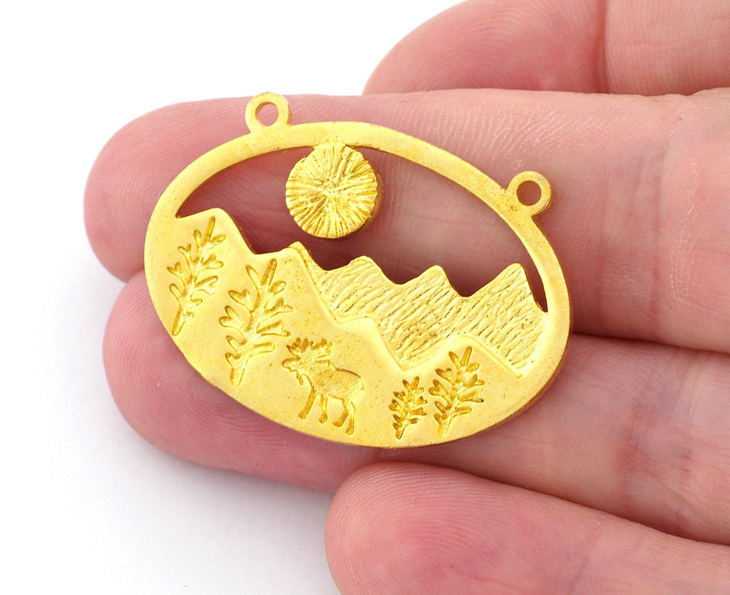Landscape Deer Tree Forest Charms Connector Mountain Pendant Raw Brass 36x25mm 5014