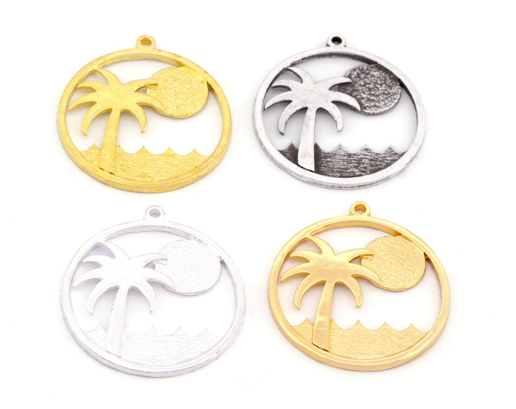 Palm Tree Sun Beach Wave Charms Round Pendant Raw Brass - Shiny Silver - Antique Silver - Shiny Gold Plated 33x29mm 5013