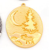 Pine Crescent Deer Landscape Tree Moon Charms Pendant Raw Brass - Antique Silver - Shiny Silver - Shiny Gold Plated 41x30mm 5016