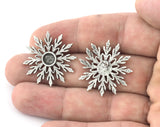 Snow Flake Winter Round Earring Stud Post Blank Bezel Settings Cabochon Mounting Antique Silver Plated Brass 30mm (6mm Blanks) 4832