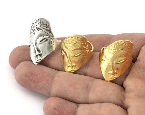 Mythological Face Adjustable Ring Raw brass - Antique Silver - Shiny Gold Plated (16.5mm 6US inner size) Oz3697
