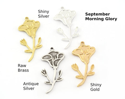 Birth Monthly Flower (September Morning Glory) Charms Pendant Raw Solid Brass , Antique silver, Shiny silver, Shiny gold plated 38x18mm 5266