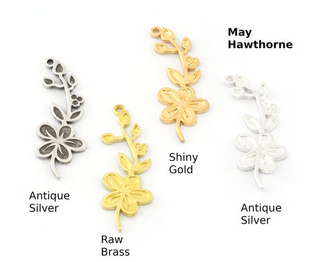 Birth Monthly Flower (May Hawthorne) Charms Pendant Raw Solid Brass , Antique silver, Shiny silver, Shiny gold plated 37x13mm 5268