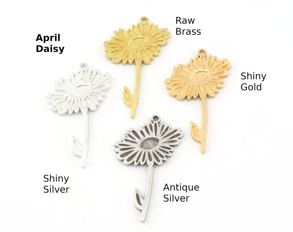 Birth Monthly Flower (April Daisy) Charms Pendant Raw Solid Brass , Antique silver, Shiny silver, Shiny gold plated 37x22mm 5270