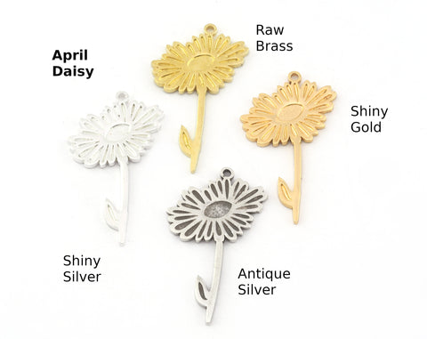 Birth Monthly Flower (April Daisy) Charms Pendant Raw Solid Brass , Antique silver, Shiny silver, Shiny gold plated 37x22mm 5270