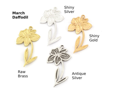 Birth Monthly Flower (March Daffodil) Charms Pendant Raw Solid Brass , Antique silver, Shiny silver, Shiny gold plated 37x20mm 5271